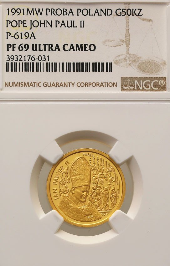 III RP. PRÓBA złoto 50.000 złotych 1991 Papież Jan Paweł II Ołtarz NGC PF69 ULTRA CAMEO